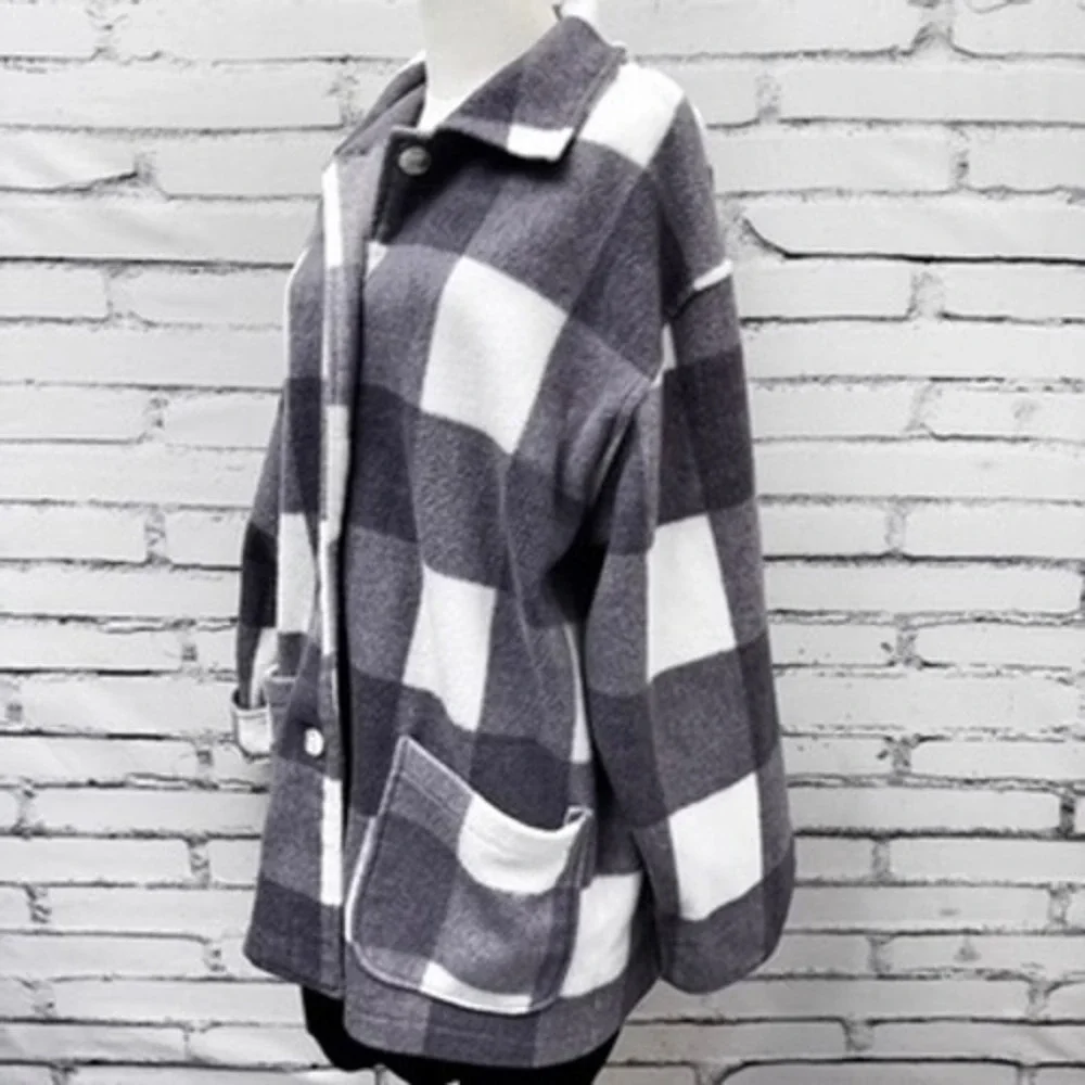 NY‎ 10018 Plaid Fleece Womens M Lavender Purple Buffalo Check Button Jacket